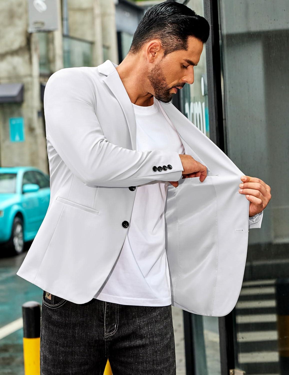 imageCOOFANDY Mens Casual Stretch Blazer Jacket Regular Fit Lightweight Sport Coat Two Button Suit JacketsWhite