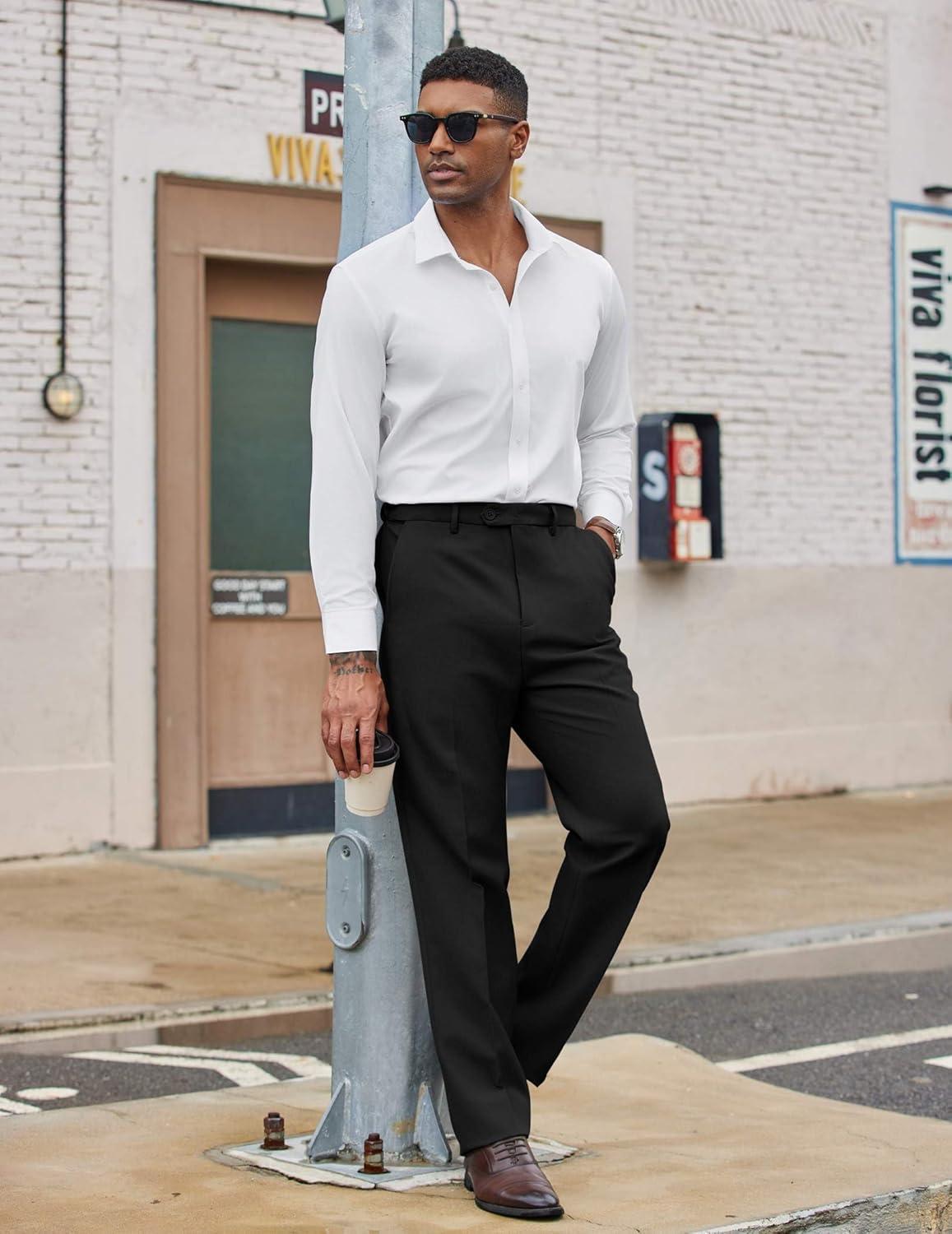 imageCOOFANDY Mens Dress Pants Regular Fit Flat Front Pant Expandable Waist Casual SlacksBlack