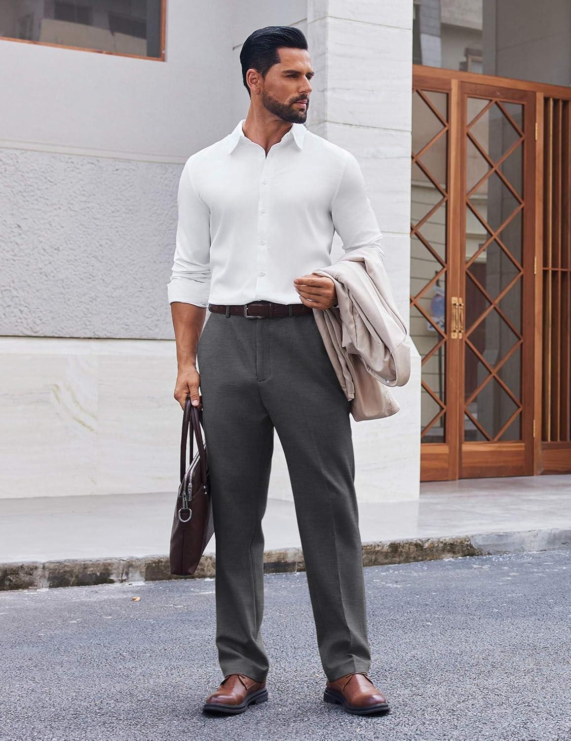 imageCOOFANDY Mens Dress Pants Regular Fit Flat Front Pant Expandable Waist Casual SlacksGray