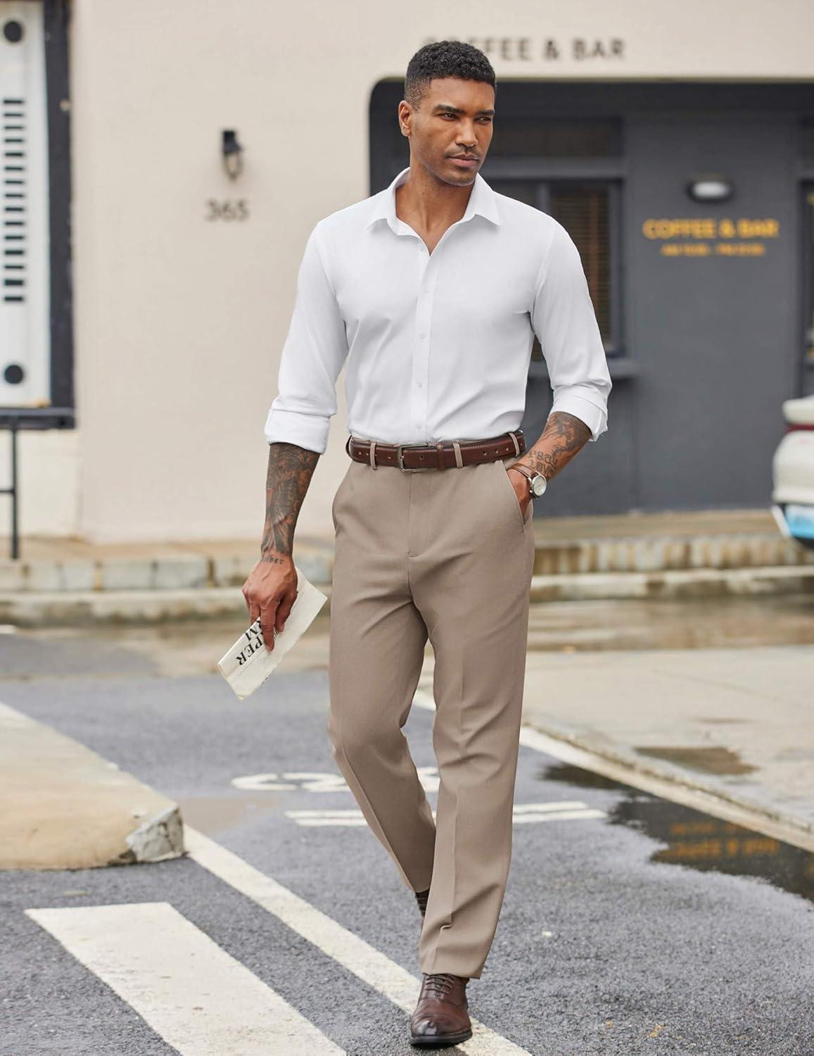 imageCOOFANDY Mens Dress Pants Regular Fit Flat Front Pant Expandable Waist Casual SlacksKhaki
