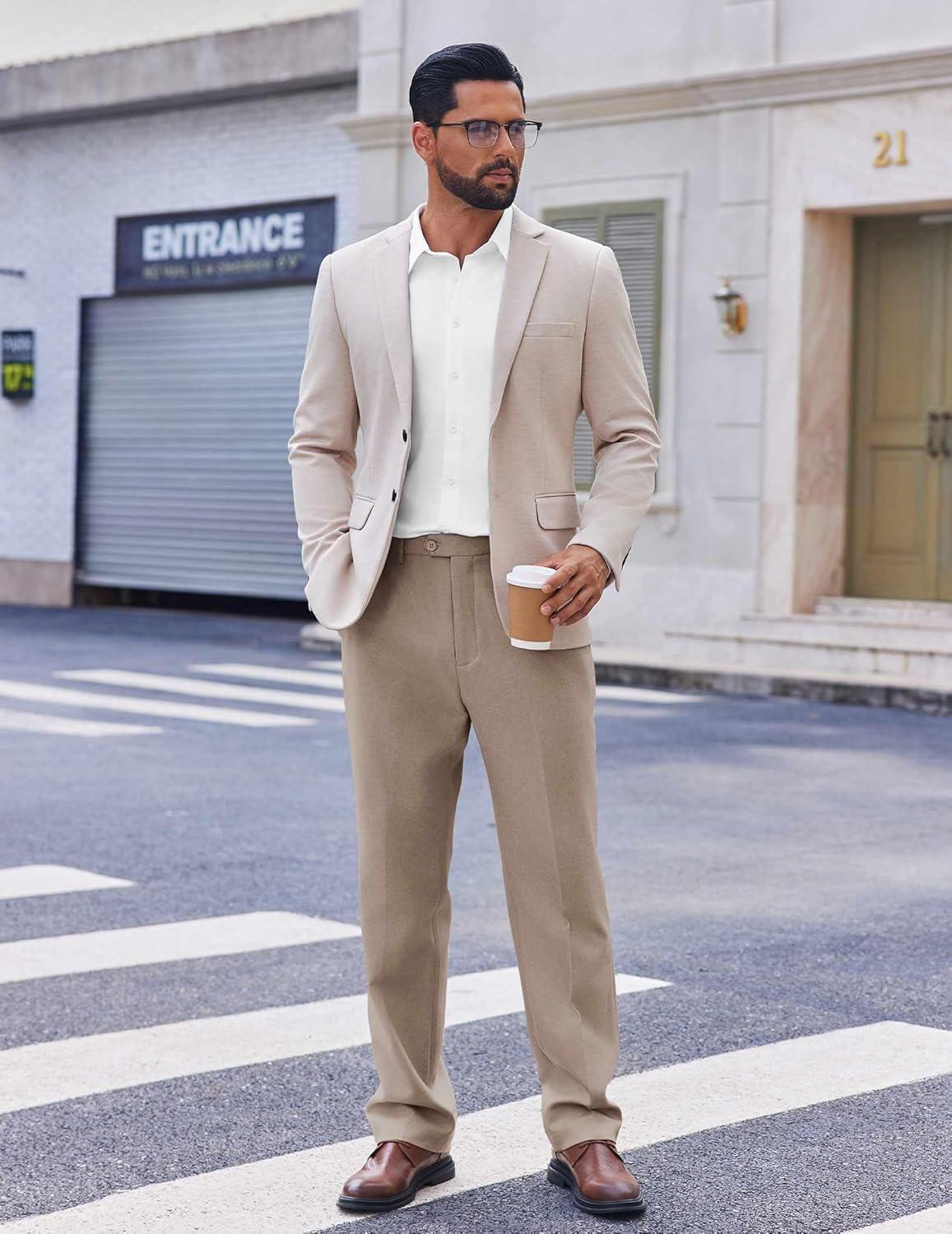 imageCOOFANDY Mens Dress Pants Regular Fit Flat Front Pant Expandable Waist Casual SlacksKhaki