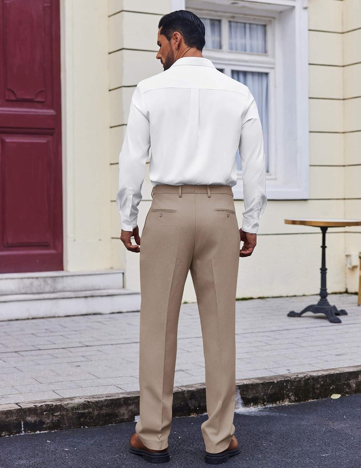 imageCOOFANDY Mens Dress Pants Regular Fit Flat Front Pant Expandable Waist Casual SlacksKhaki