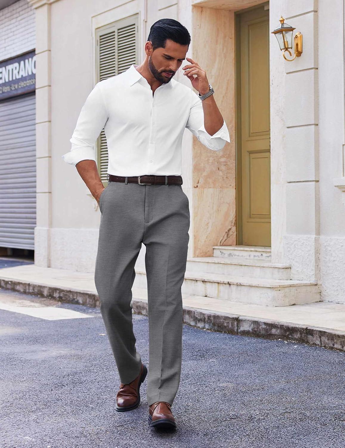imageCOOFANDY Mens Dress Pants Regular Fit Flat Front Pant Expandable Waist Casual SlacksLight Gray