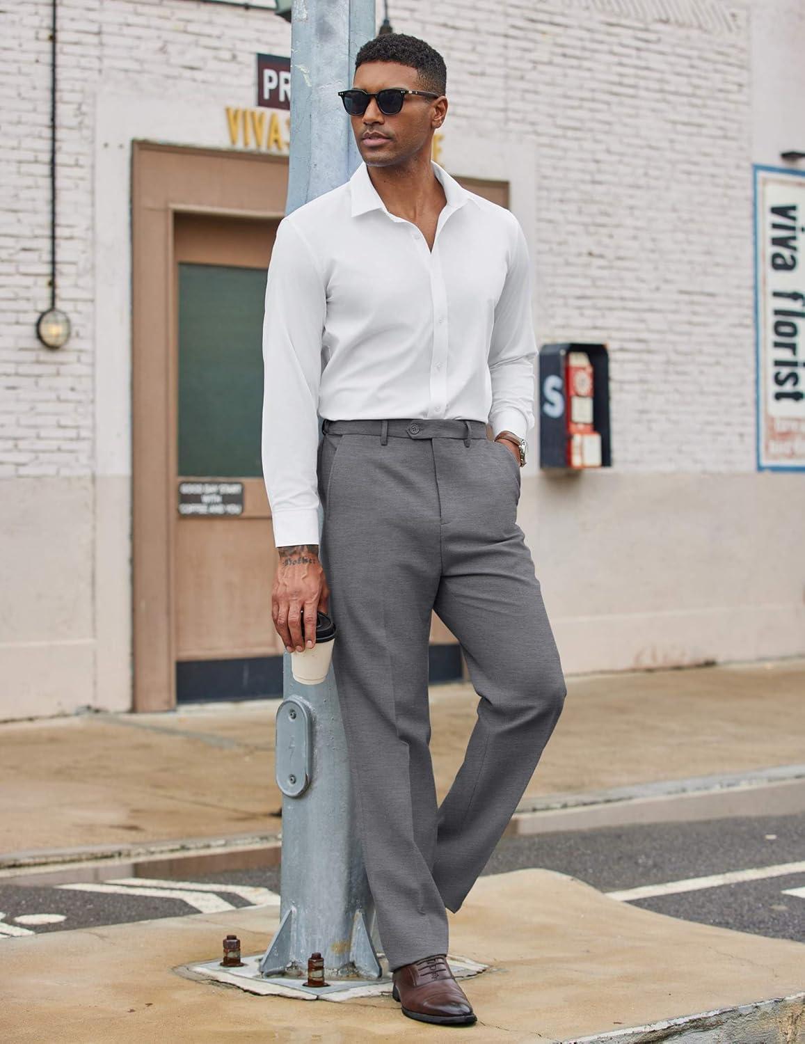 imageCOOFANDY Mens Dress Pants Regular Fit Flat Front Pant Expandable Waist Casual SlacksLight Gray