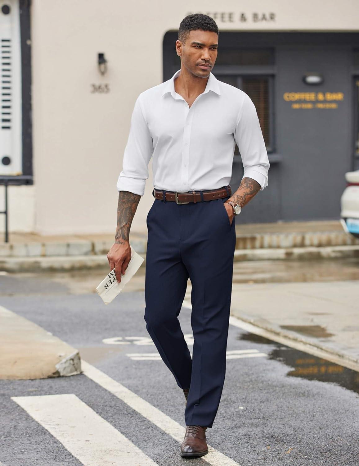 imageCOOFANDY Mens Dress Pants Regular Fit Flat Front Pant Expandable Waist Casual SlacksNavy Blue