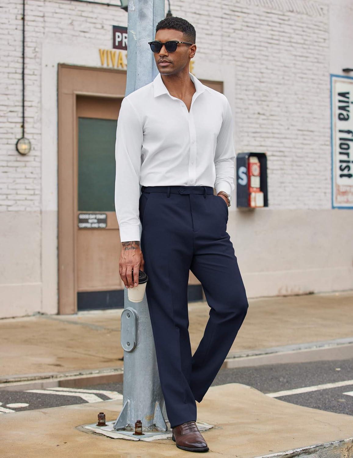 imageCOOFANDY Mens Dress Pants Regular Fit Flat Front Pant Expandable Waist Casual SlacksNavy Blue