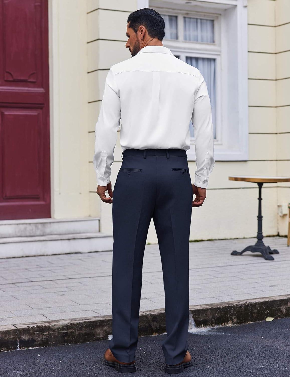 imageCOOFANDY Mens Dress Pants Regular Fit Flat Front Pant Expandable Waist Casual SlacksNavy Blue