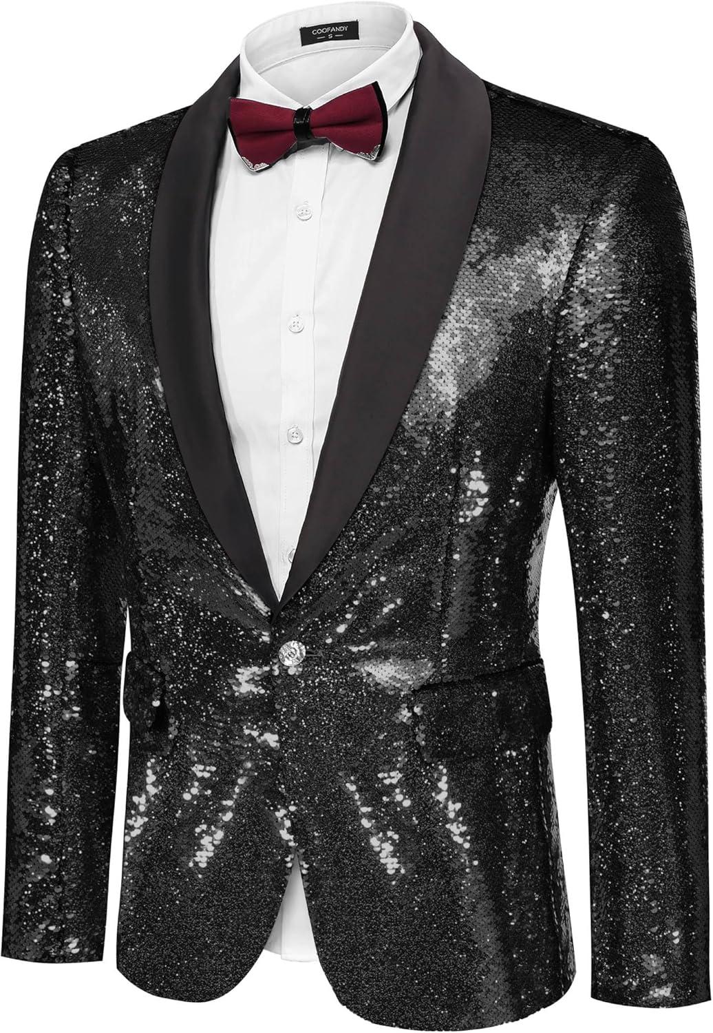 imageCOOFANDY Mens Shiny Sequin Blazer Tuxedo Party Dinner Prom One Button Suit JacketBlack