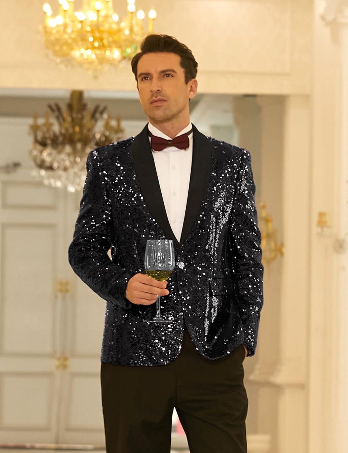 imageCOOFANDY Mens Shiny Sequin Blazer Tuxedo Party Dinner Prom One Button Suit JacketBlack