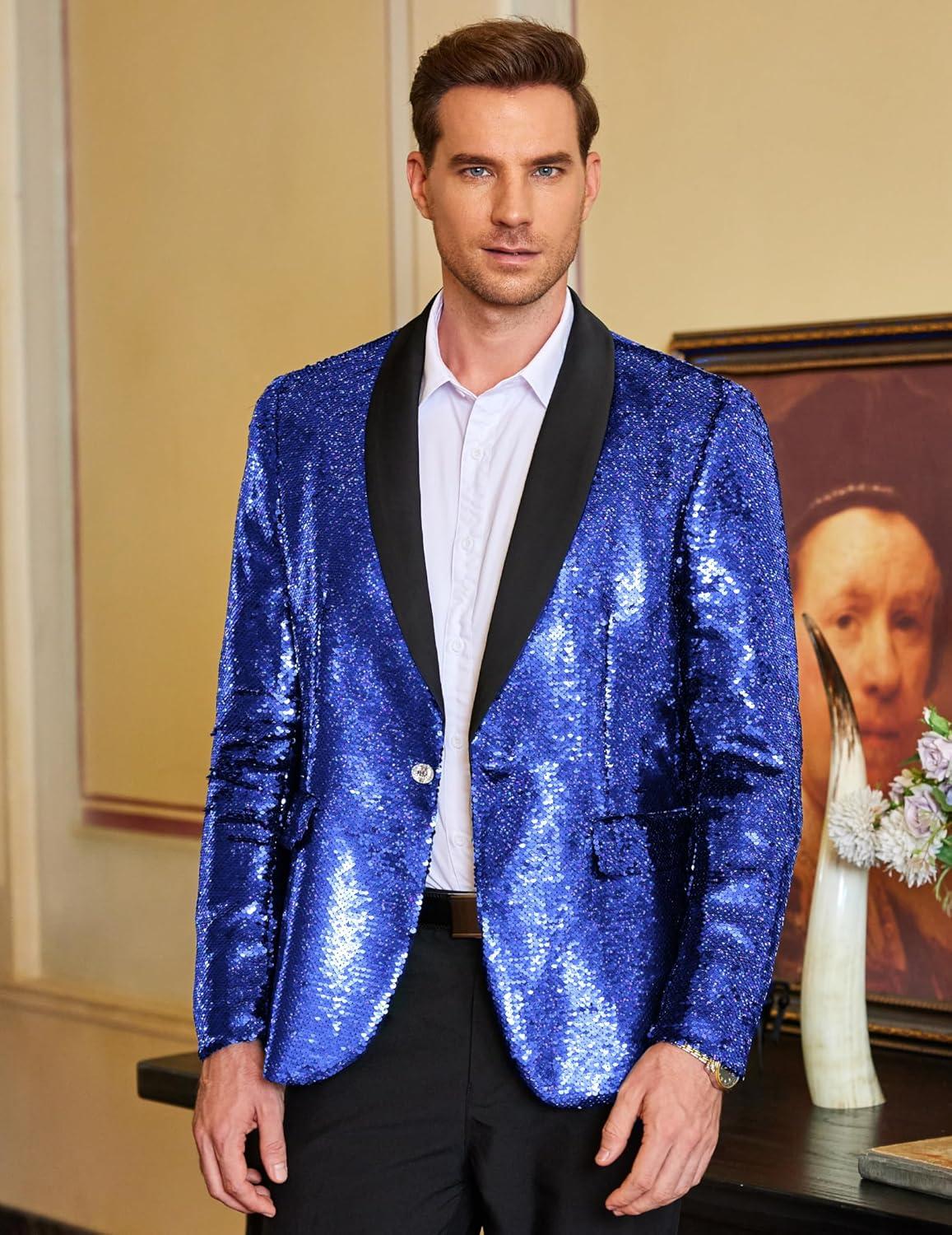 imageCOOFANDY Mens Shiny Sequin Blazer Tuxedo Party Dinner Prom One Button Suit JacketBlue