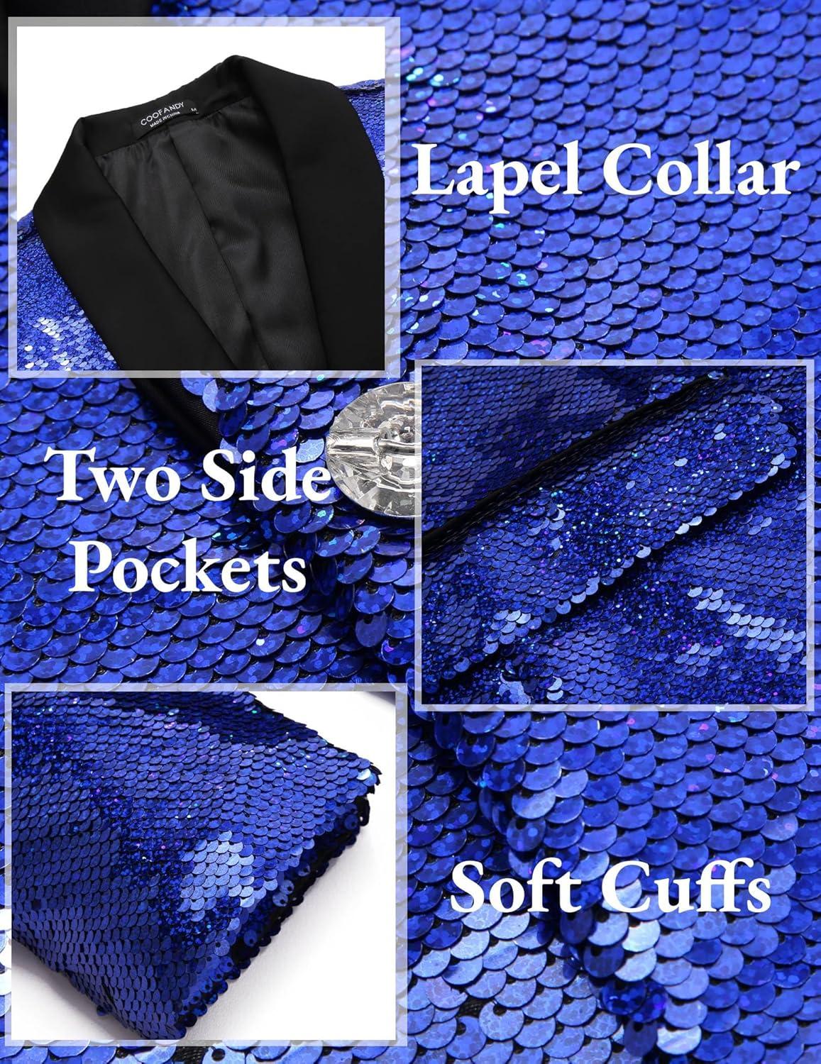 imageCOOFANDY Mens Shiny Sequin Blazer Tuxedo Party Dinner Prom One Button Suit JacketBlue