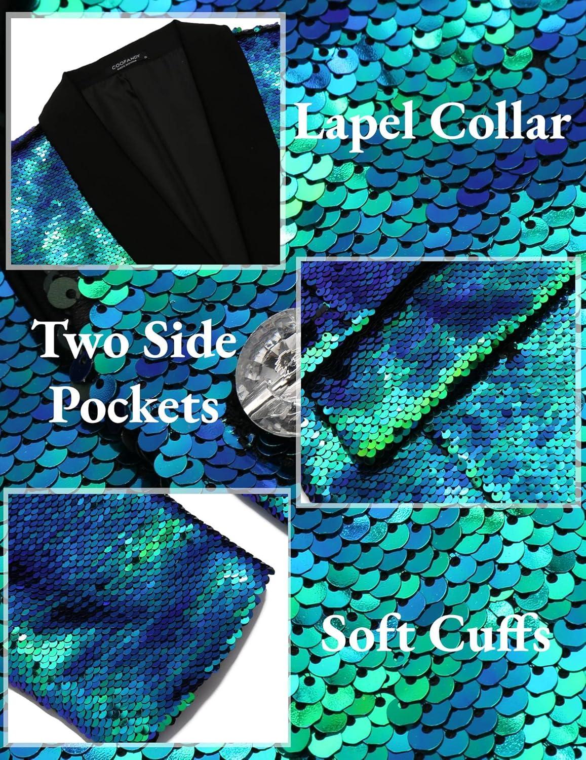 imageCOOFANDY Mens Shiny Sequin Blazer Tuxedo Party Dinner Prom One Button Suit JacketBlue Green