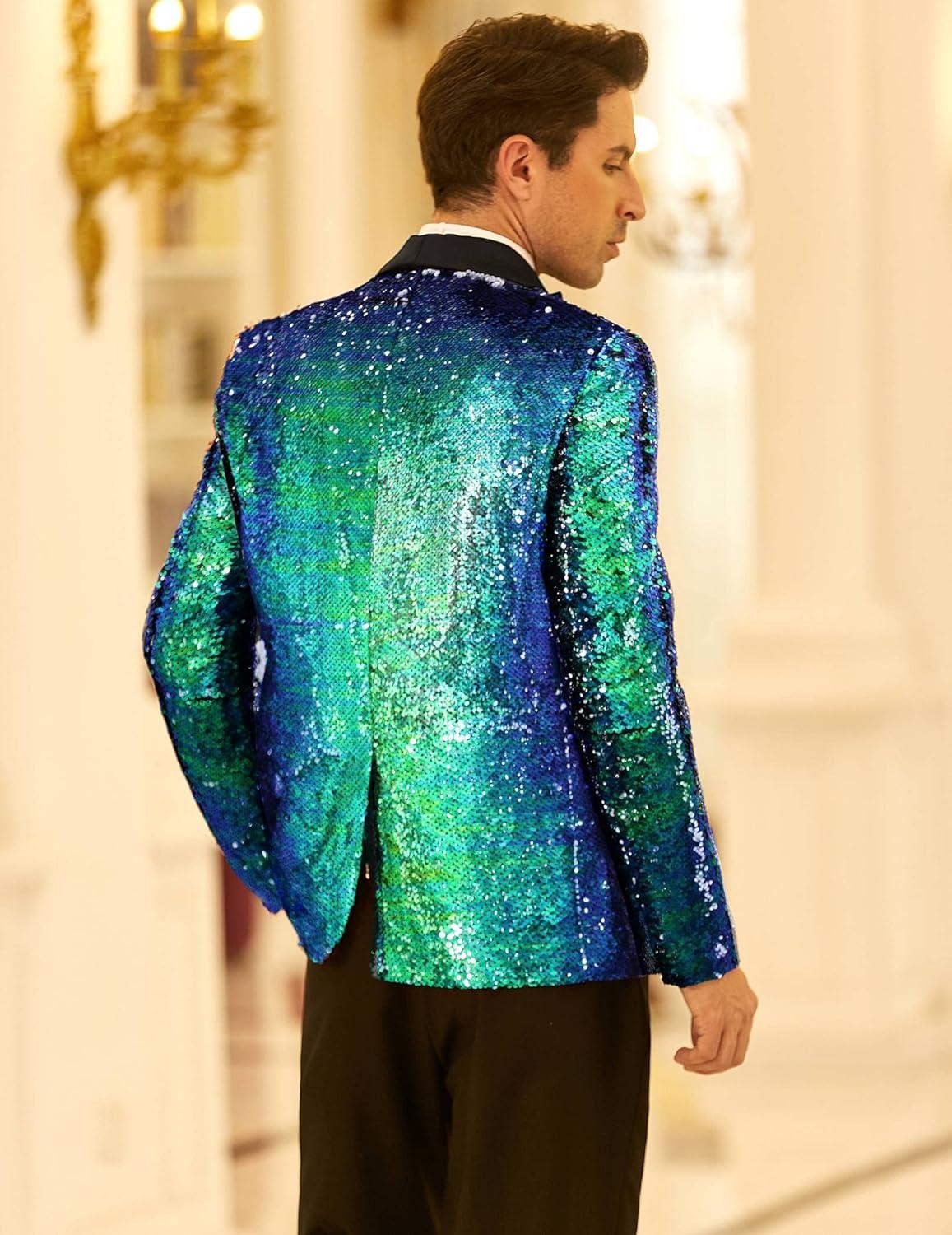 imageCOOFANDY Mens Shiny Sequin Blazer Tuxedo Party Dinner Prom One Button Suit JacketBlue Green