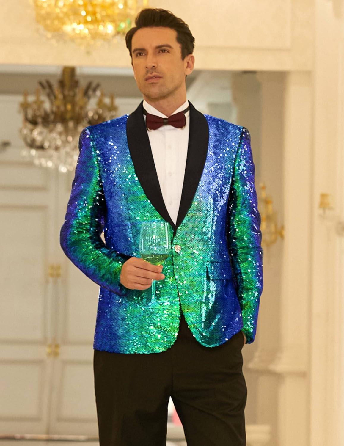 imageCOOFANDY Mens Shiny Sequin Blazer Tuxedo Party Dinner Prom One Button Suit JacketBlue Green