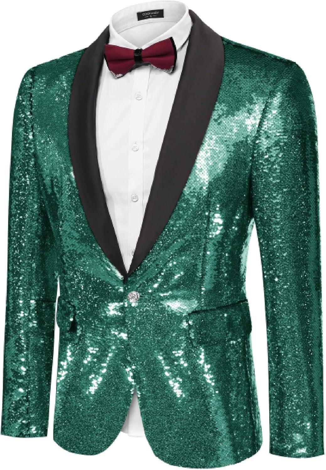imageCOOFANDY Mens Shiny Sequin Blazer Tuxedo Party Dinner Prom One Button Suit JacketEvergreen