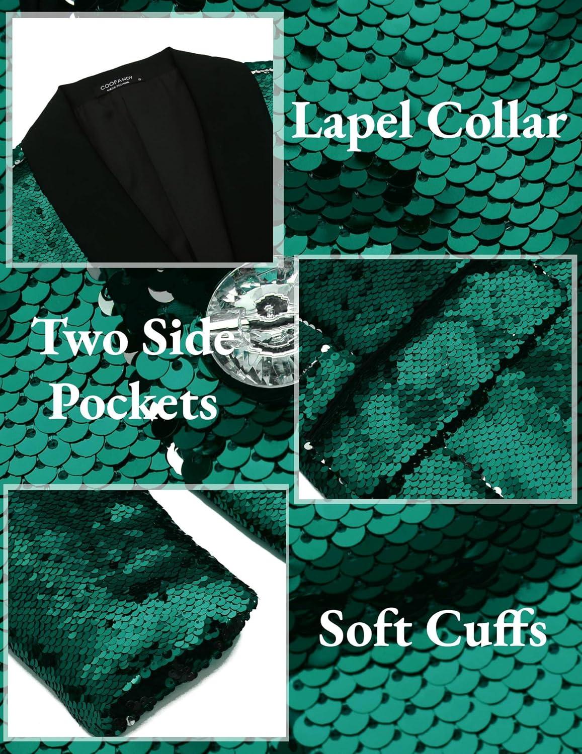 imageCOOFANDY Mens Shiny Sequin Blazer Tuxedo Party Dinner Prom One Button Suit JacketEvergreen