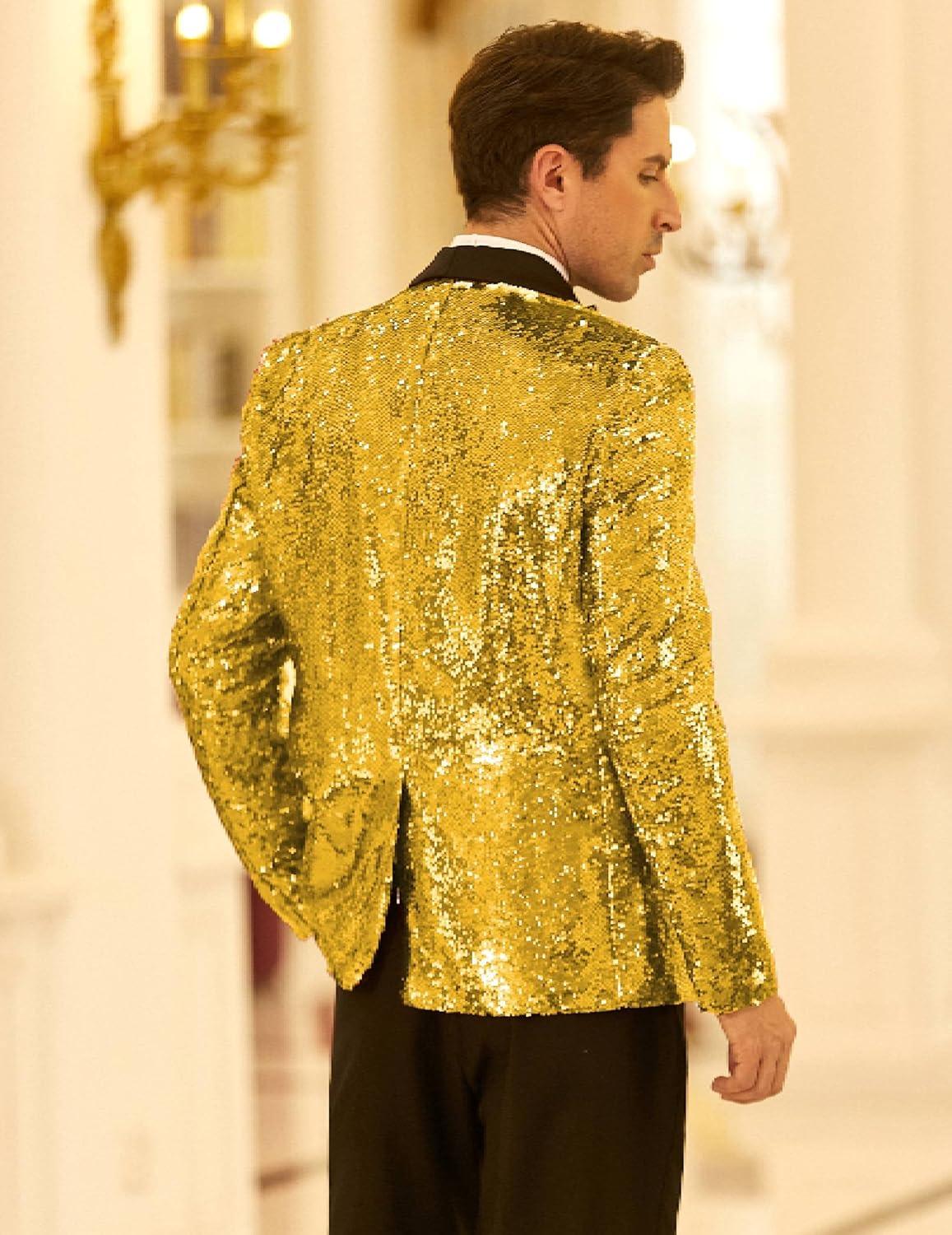 imageCOOFANDY Mens Shiny Sequin Blazer Tuxedo Party Dinner Prom One Button Suit JacketGold