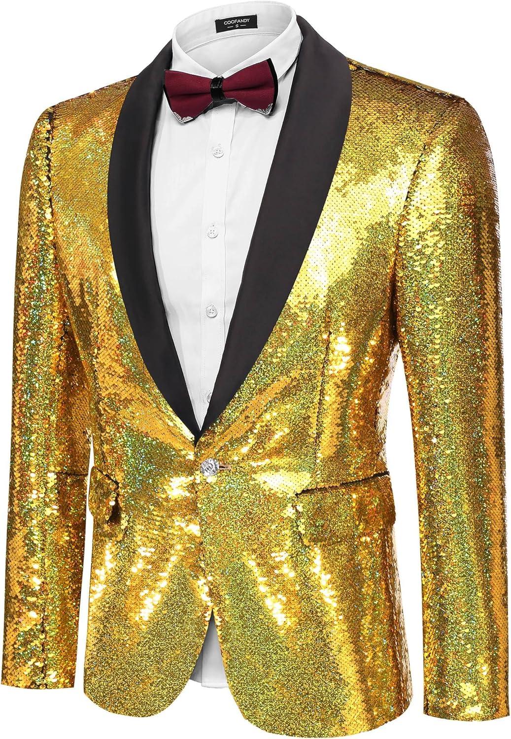 imageCOOFANDY Mens Shiny Sequin Blazer Tuxedo Party Dinner Prom One Button Suit JacketGold