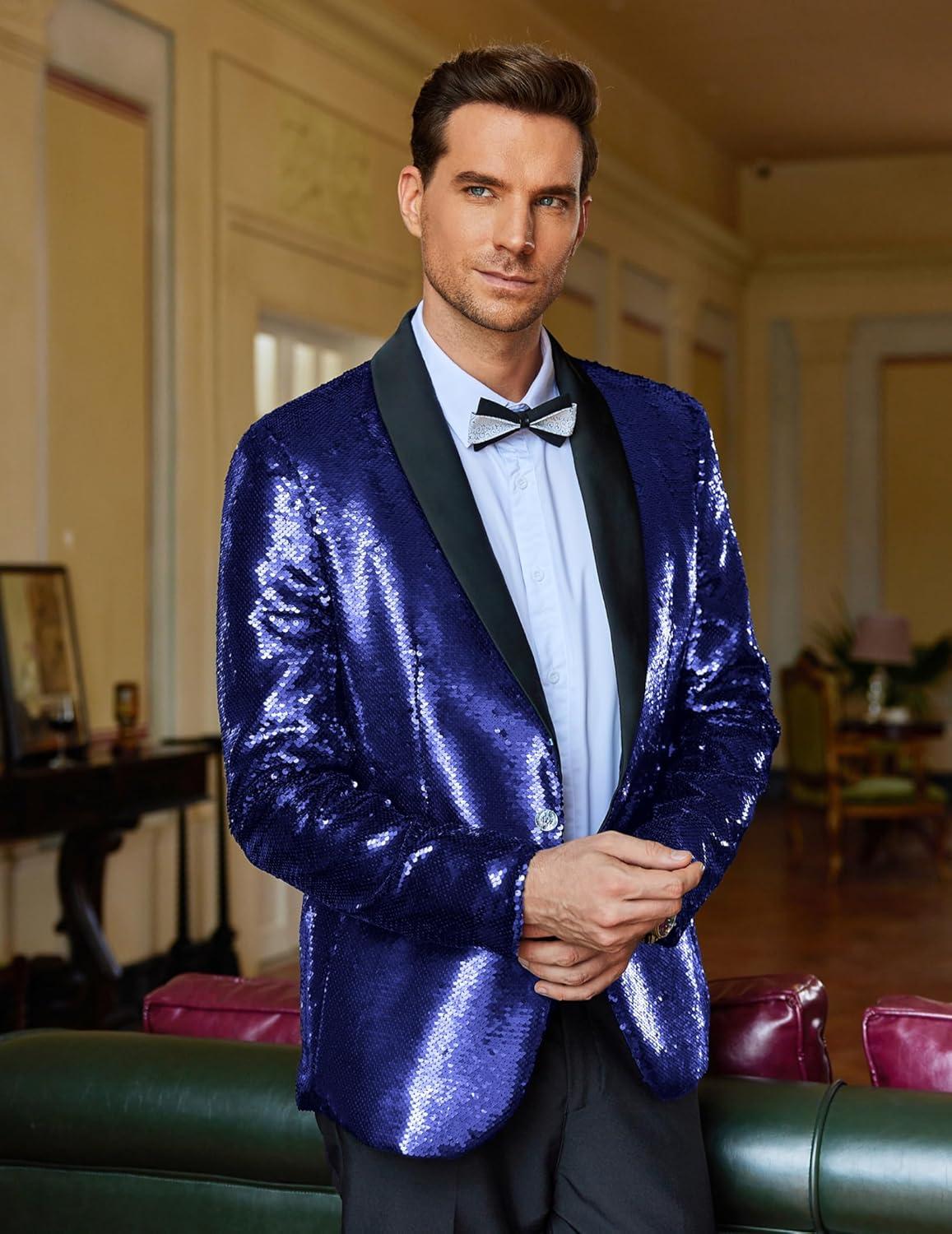 imageCOOFANDY Mens Shiny Sequin Blazer Tuxedo Party Dinner Prom One Button Suit JacketNavy Blue