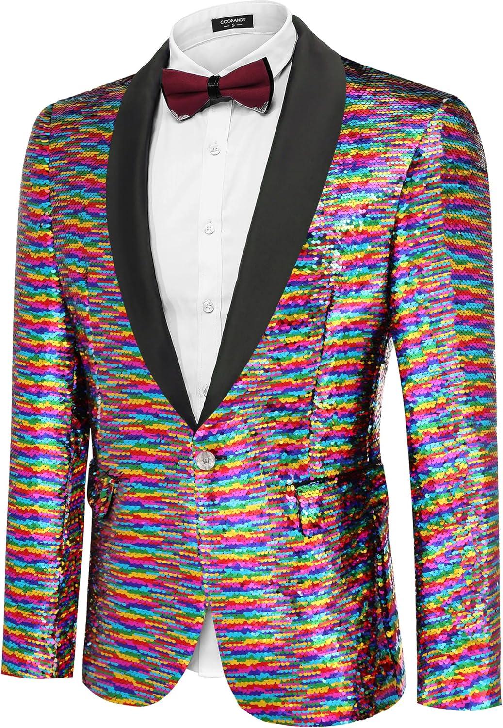 imageCOOFANDY Mens Shiny Sequin Blazer Tuxedo Party Dinner Prom One Button Suit JacketPat3