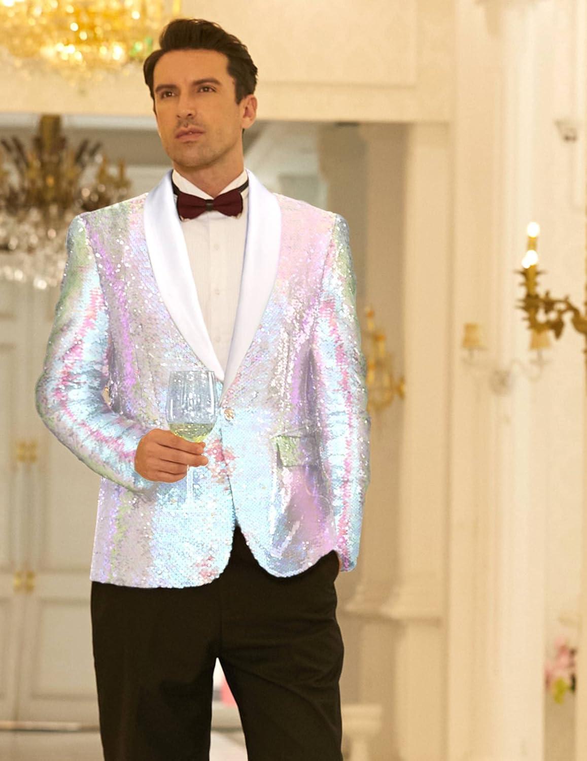 imageCOOFANDY Mens Shiny Sequin Blazer Tuxedo Party Dinner Prom One Button Suit JacketPink