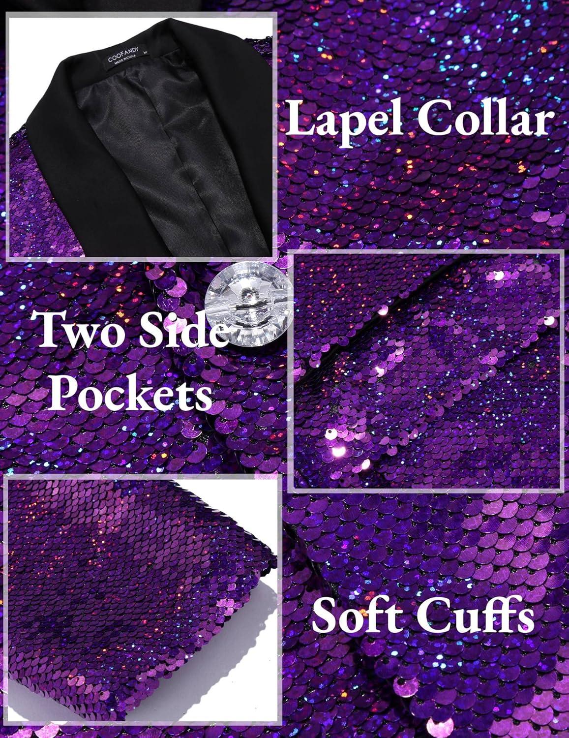 imageCOOFANDY Mens Shiny Sequin Blazer Tuxedo Party Dinner Prom One Button Suit JacketPurple