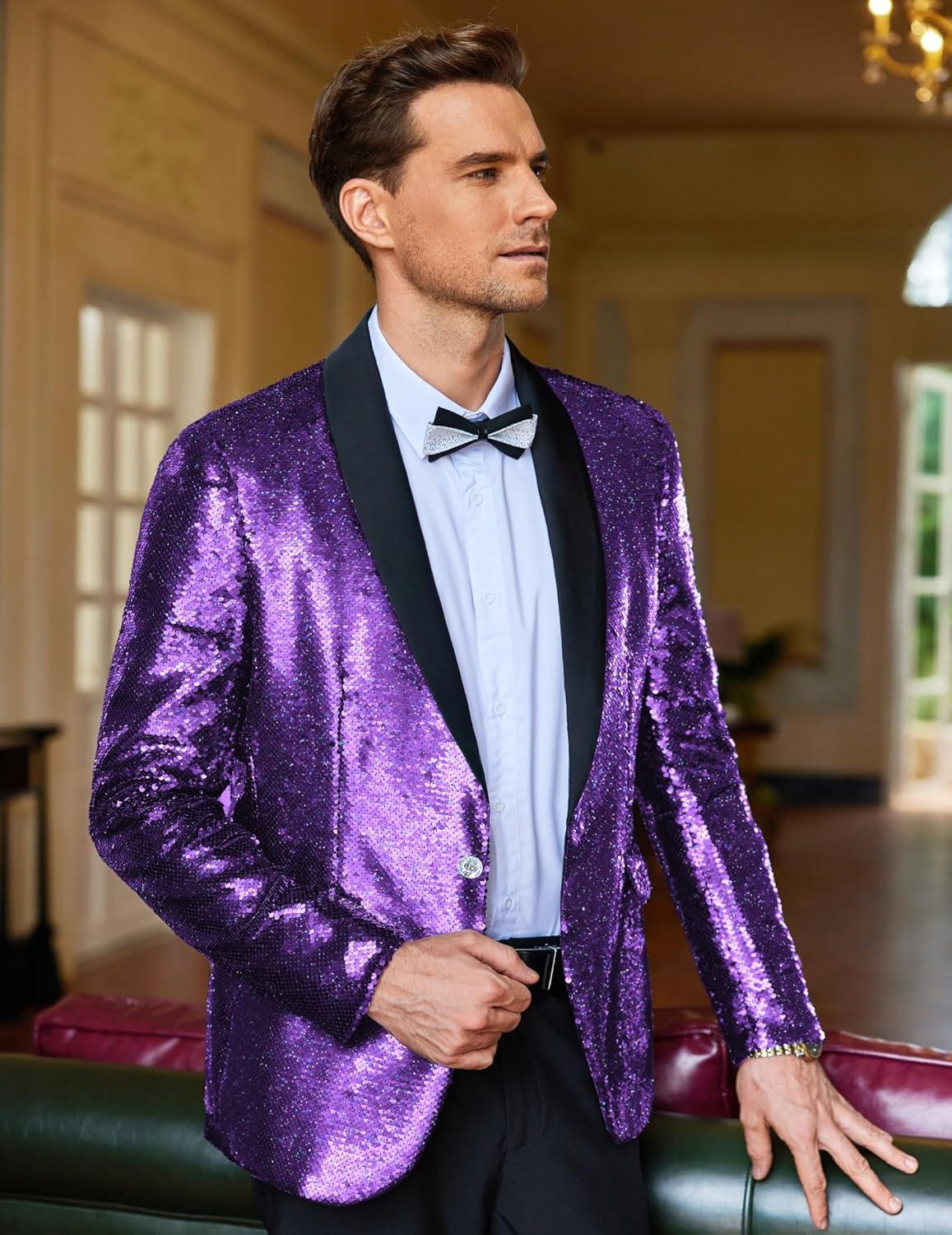 imageCOOFANDY Mens Shiny Sequin Blazer Tuxedo Party Dinner Prom One Button Suit JacketPurple