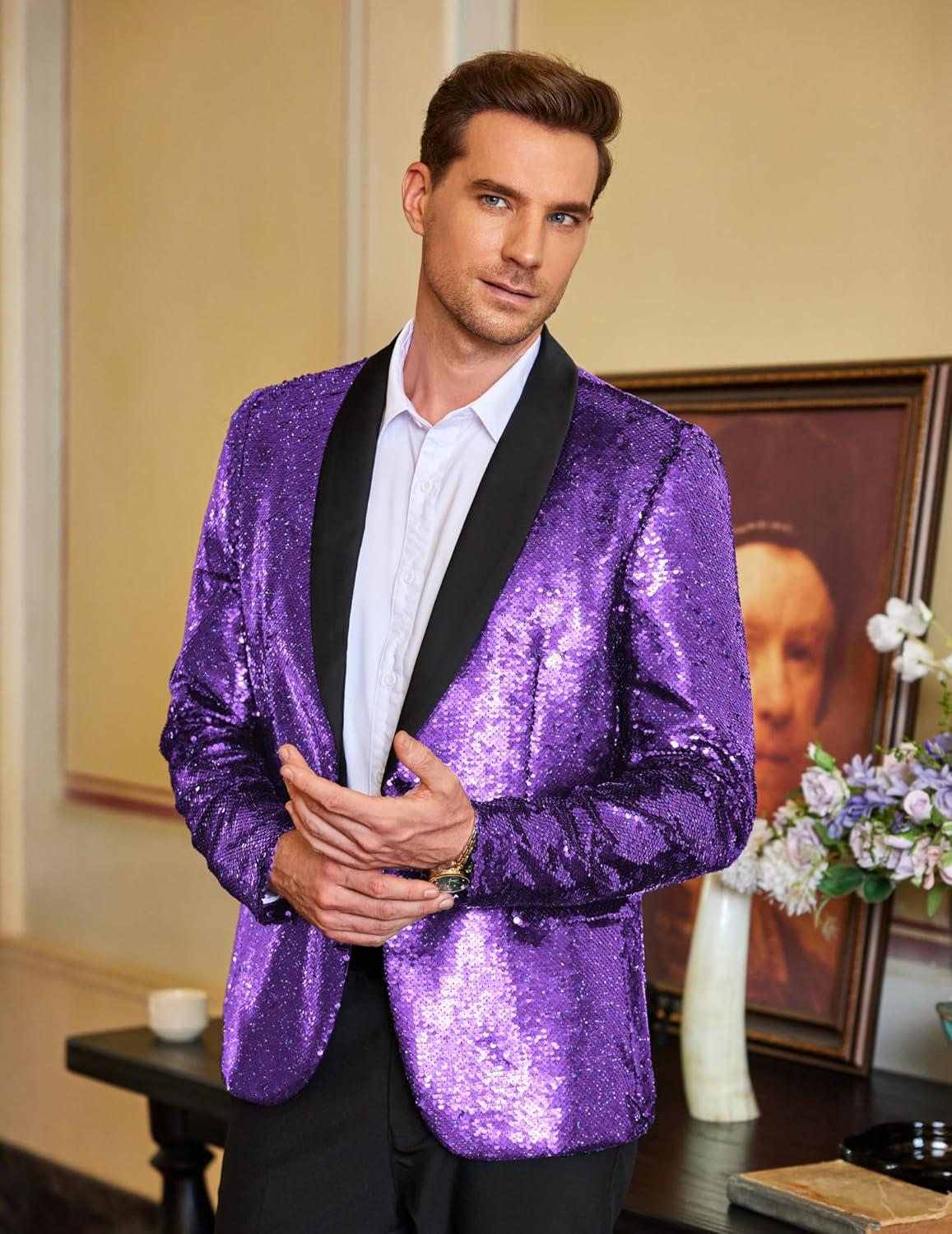 imageCOOFANDY Mens Shiny Sequin Blazer Tuxedo Party Dinner Prom One Button Suit JacketPurple