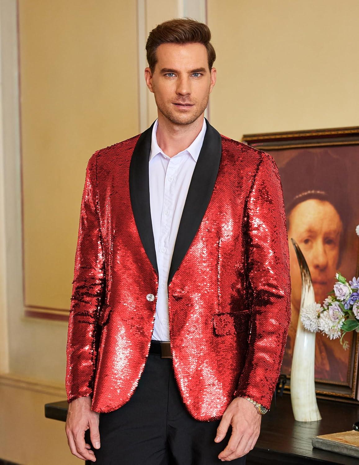 imageCOOFANDY Mens Shiny Sequin Blazer Tuxedo Party Dinner Prom One Button Suit JacketRed