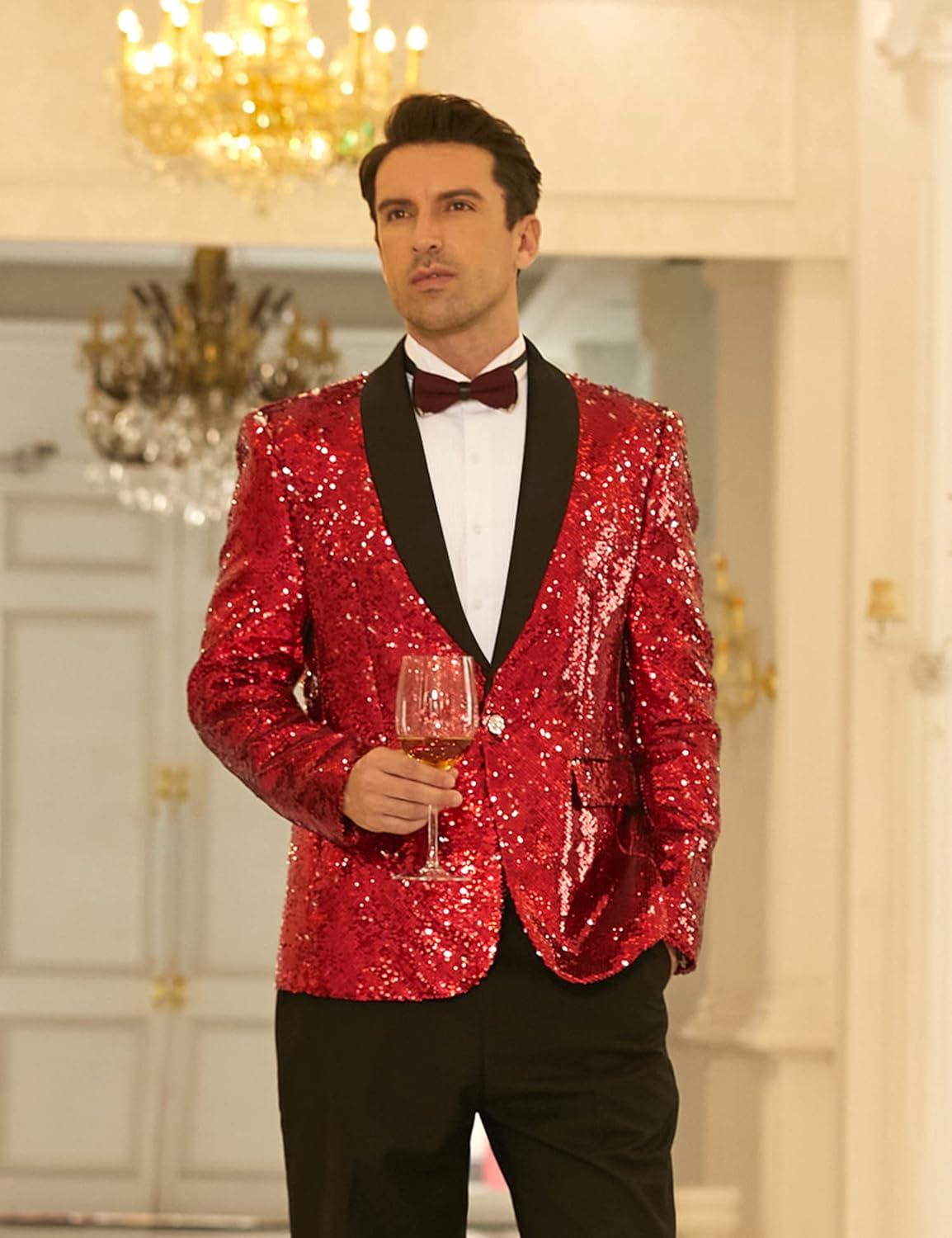 imageCOOFANDY Mens Shiny Sequin Blazer Tuxedo Party Dinner Prom One Button Suit JacketRed
