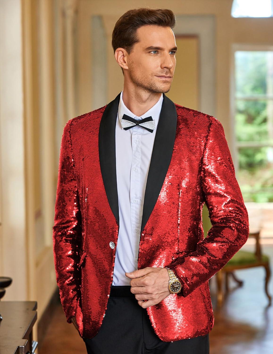 imageCOOFANDY Mens Shiny Sequin Blazer Tuxedo Party Dinner Prom One Button Suit JacketRed