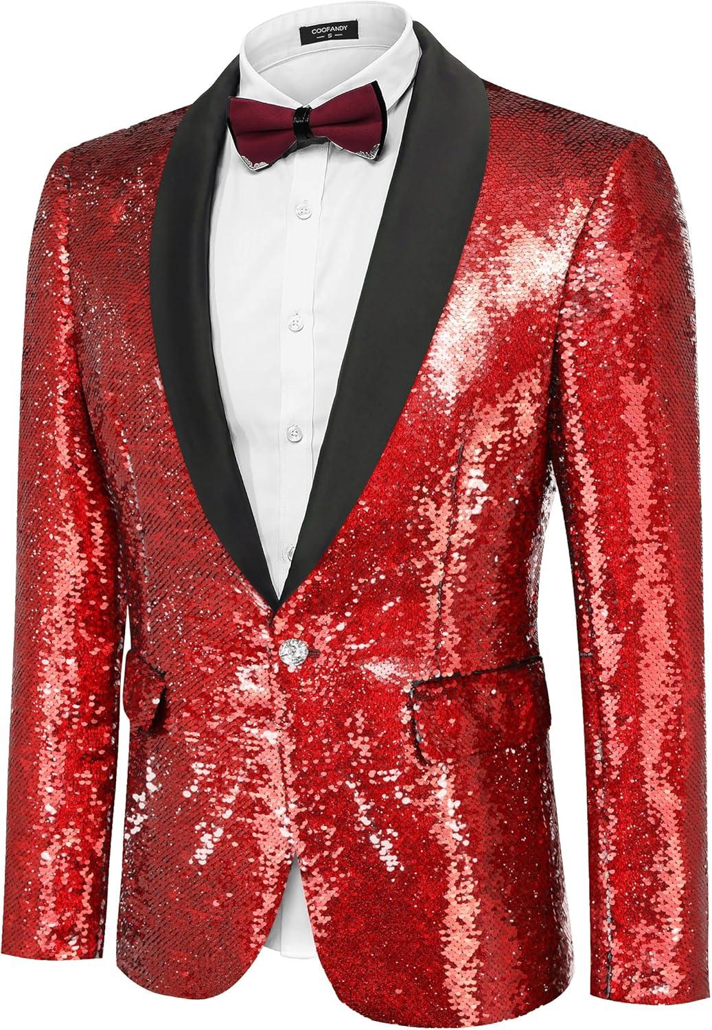 imageCOOFANDY Mens Shiny Sequin Blazer Tuxedo Party Dinner Prom One Button Suit JacketRed2