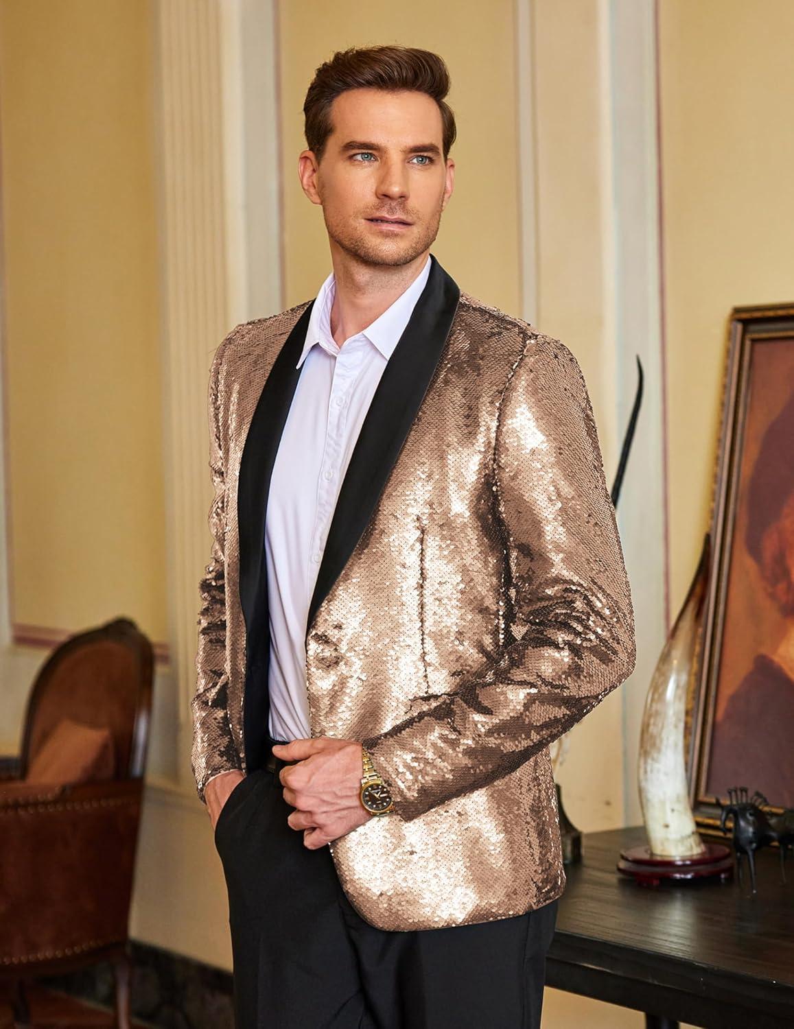 imageCOOFANDY Mens Shiny Sequin Blazer Tuxedo Party Dinner Prom One Button Suit JacketRose Golden