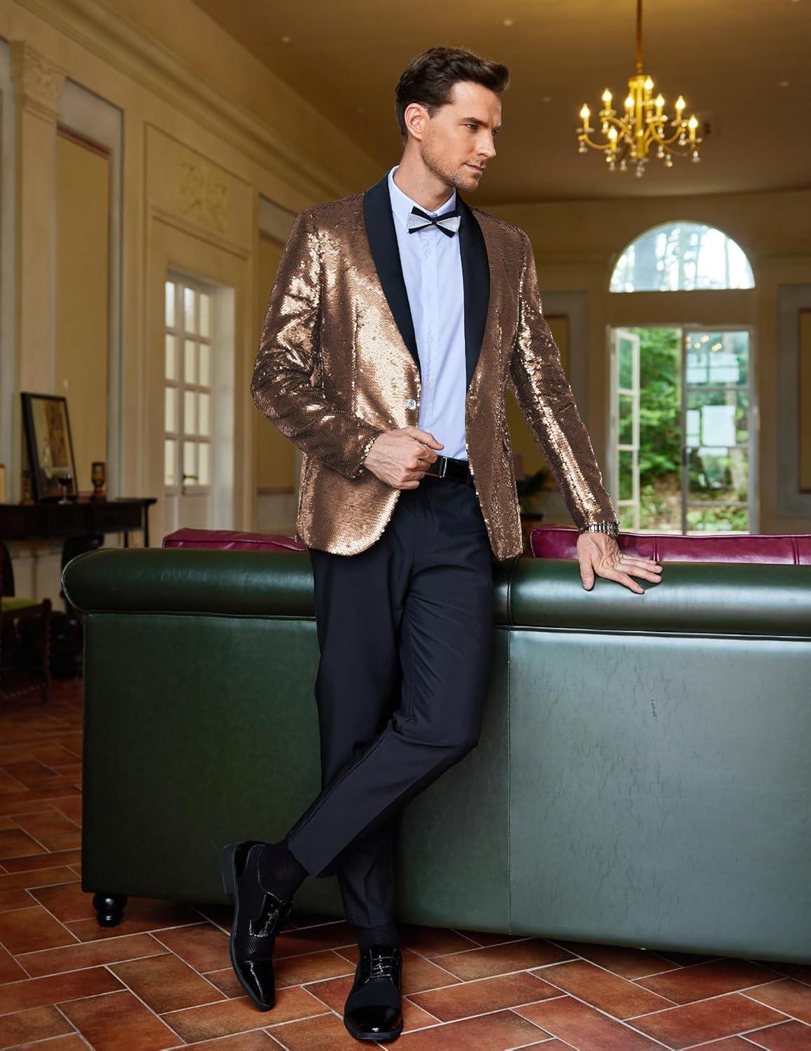 imageCOOFANDY Mens Shiny Sequin Blazer Tuxedo Party Dinner Prom One Button Suit JacketRose Golden
