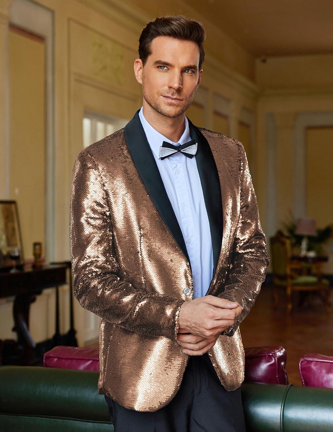 imageCOOFANDY Mens Shiny Sequin Blazer Tuxedo Party Dinner Prom One Button Suit JacketRose Golden