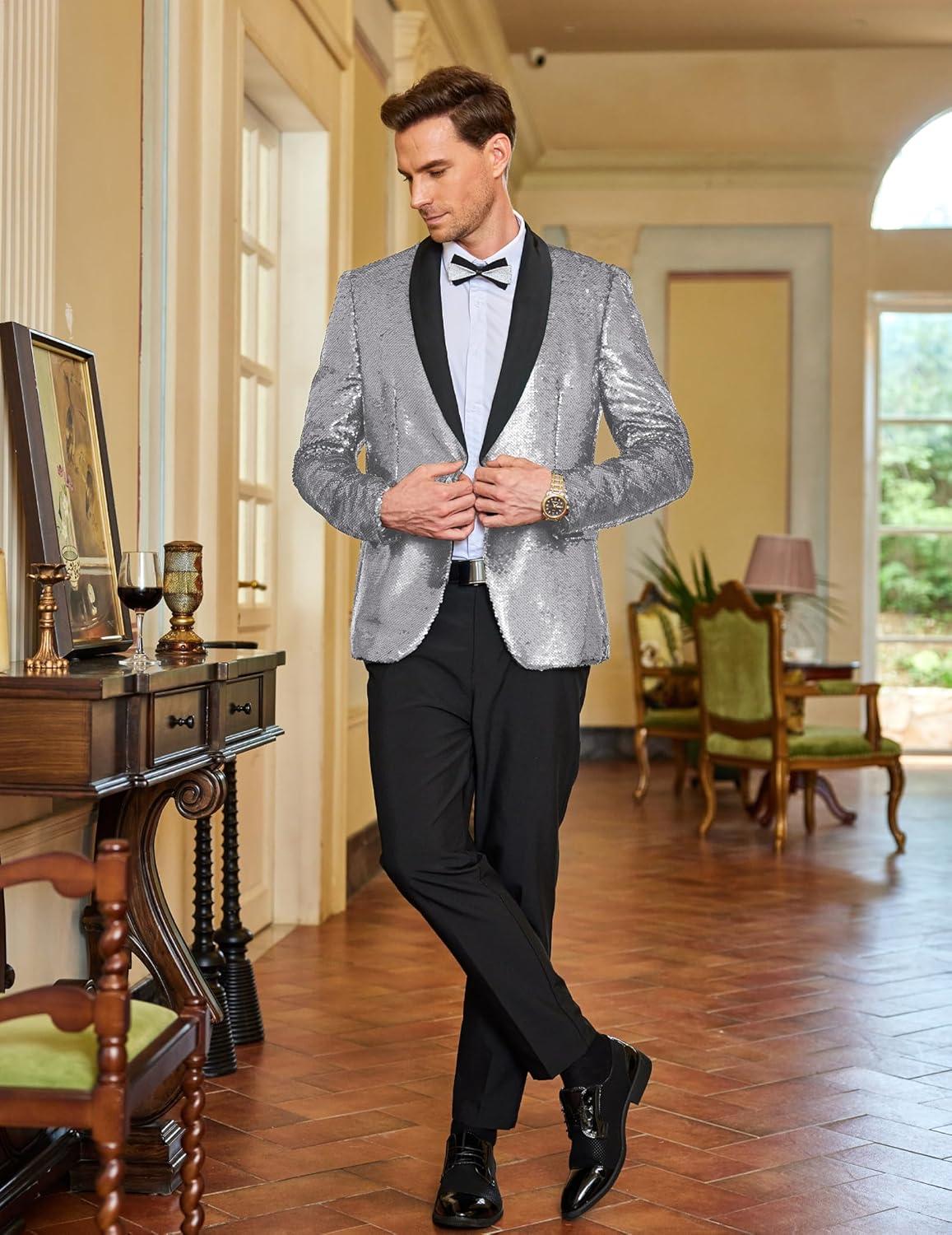 imageCOOFANDY Mens Shiny Sequin Blazer Tuxedo Party Dinner Prom One Button Suit JacketSilver