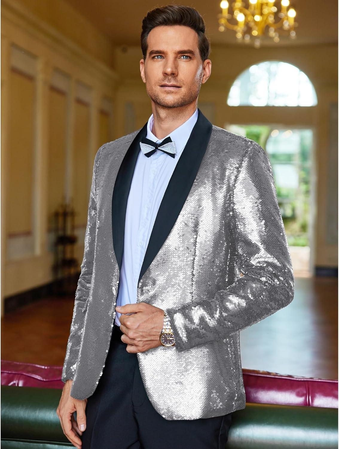 imageCOOFANDY Mens Shiny Sequin Blazer Tuxedo Party Dinner Prom One Button Suit JacketSilver