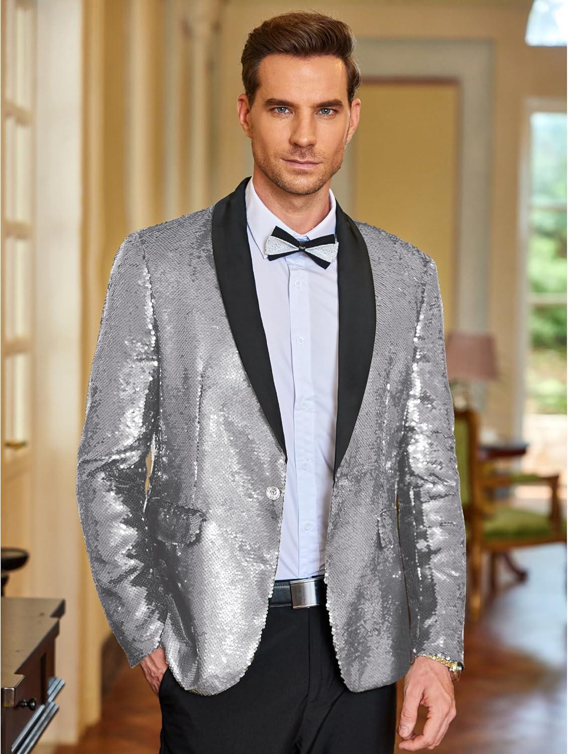 imageCOOFANDY Mens Shiny Sequin Blazer Tuxedo Party Dinner Prom One Button Suit JacketSilver