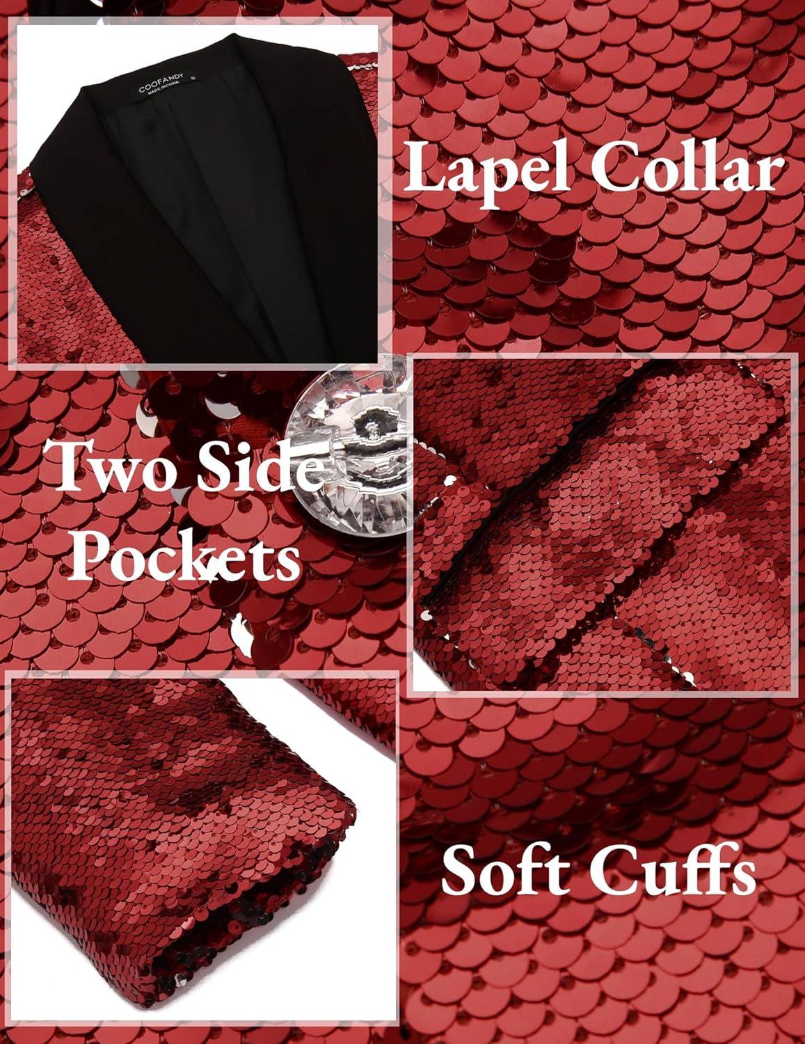 imageCOOFANDY Mens Shiny Sequin Blazer Tuxedo Party Dinner Prom One Button Suit JacketWine Red