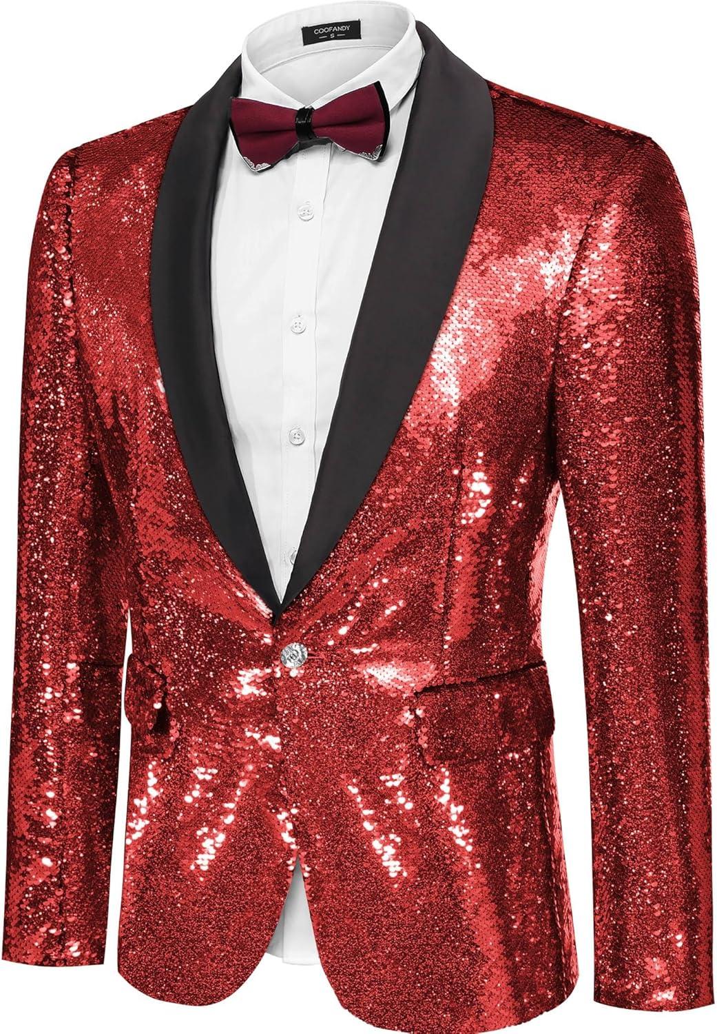 imageCOOFANDY Mens Shiny Sequin Blazer Tuxedo Party Dinner Prom One Button Suit JacketWine Red