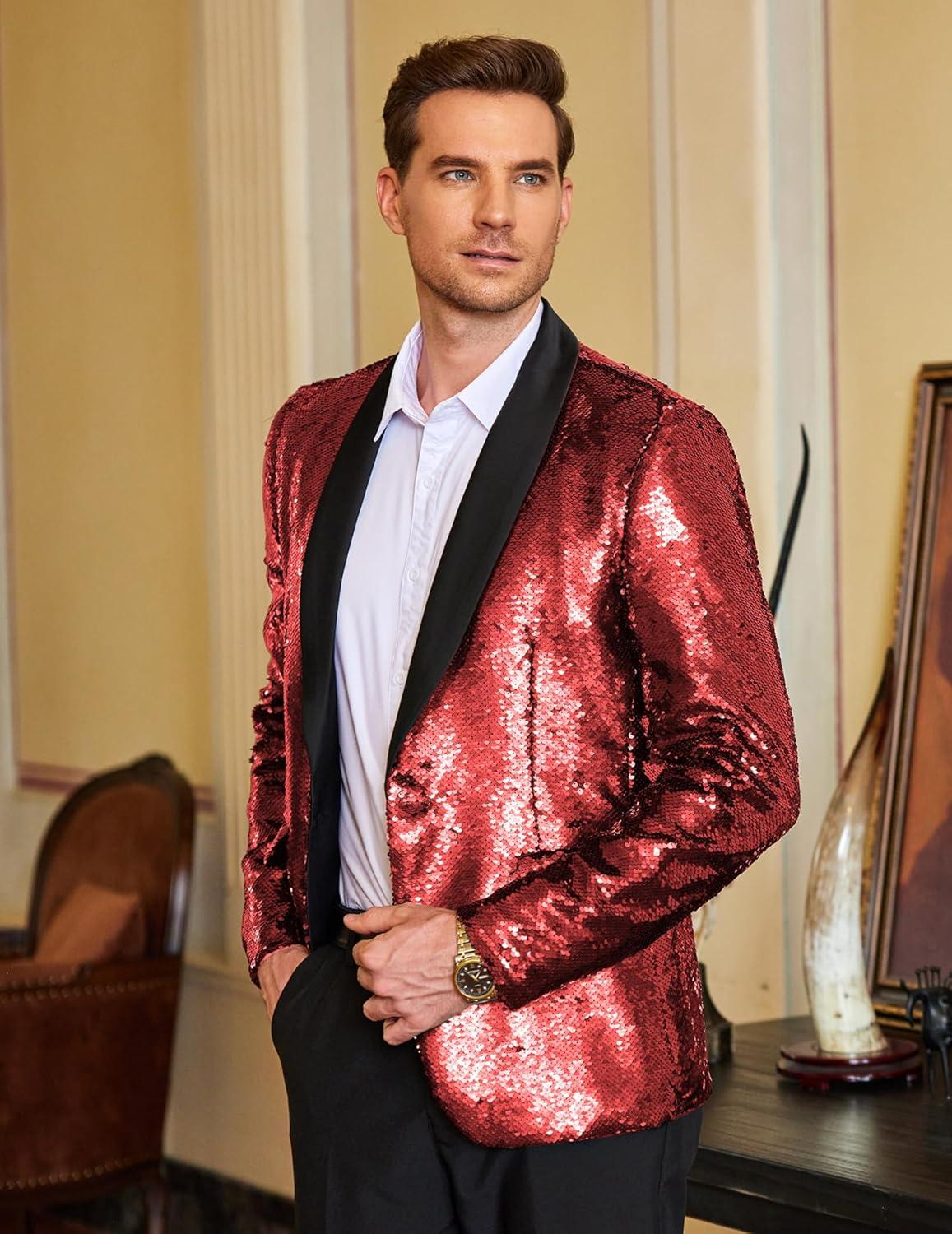 imageCOOFANDY Mens Shiny Sequin Blazer Tuxedo Party Dinner Prom One Button Suit JacketWine Red