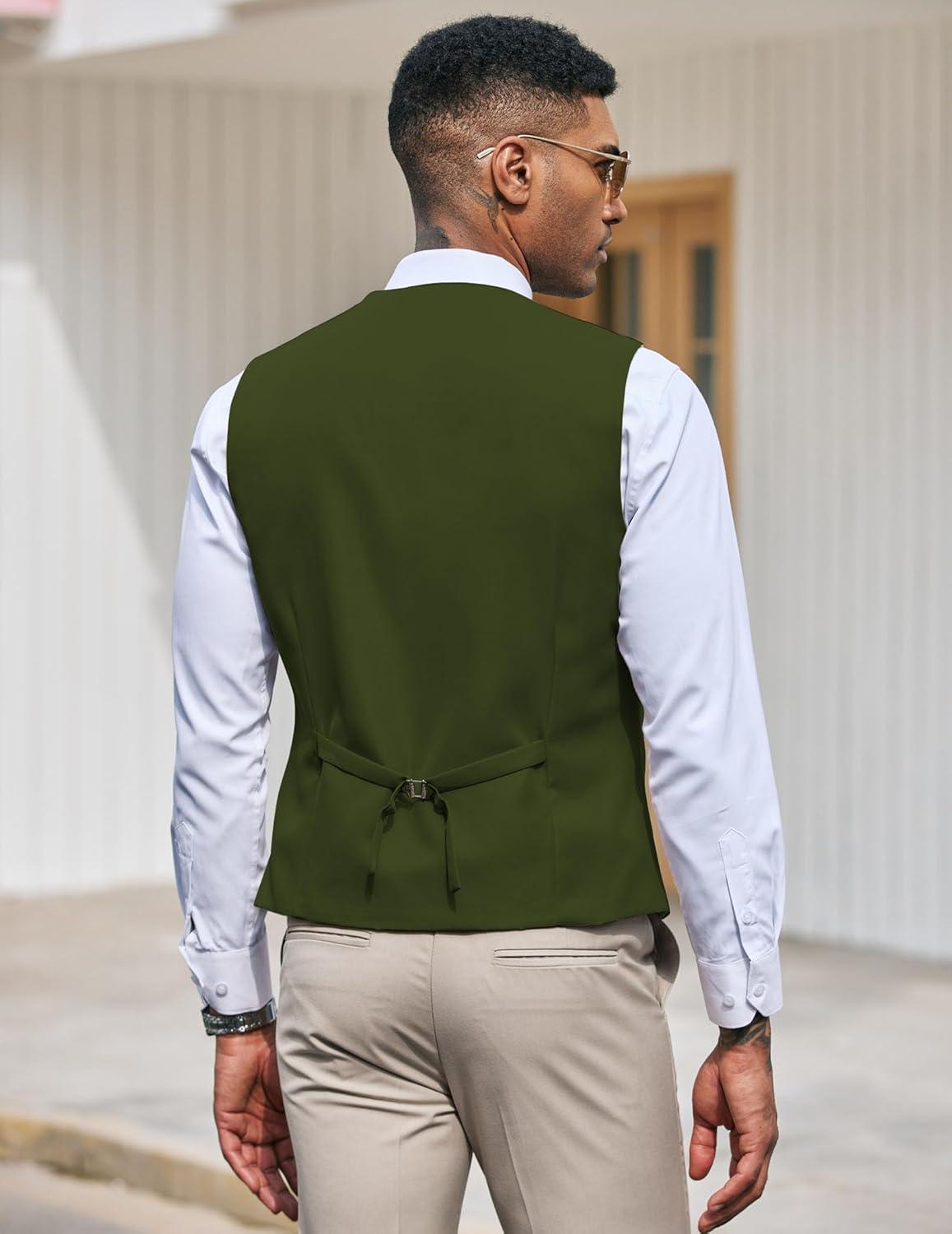 imageCOOFANDY Mens Suit Vest Slim Fit Formal Dress Waistcoat Casual Business Vests for Suit or TuxedoArmy Green