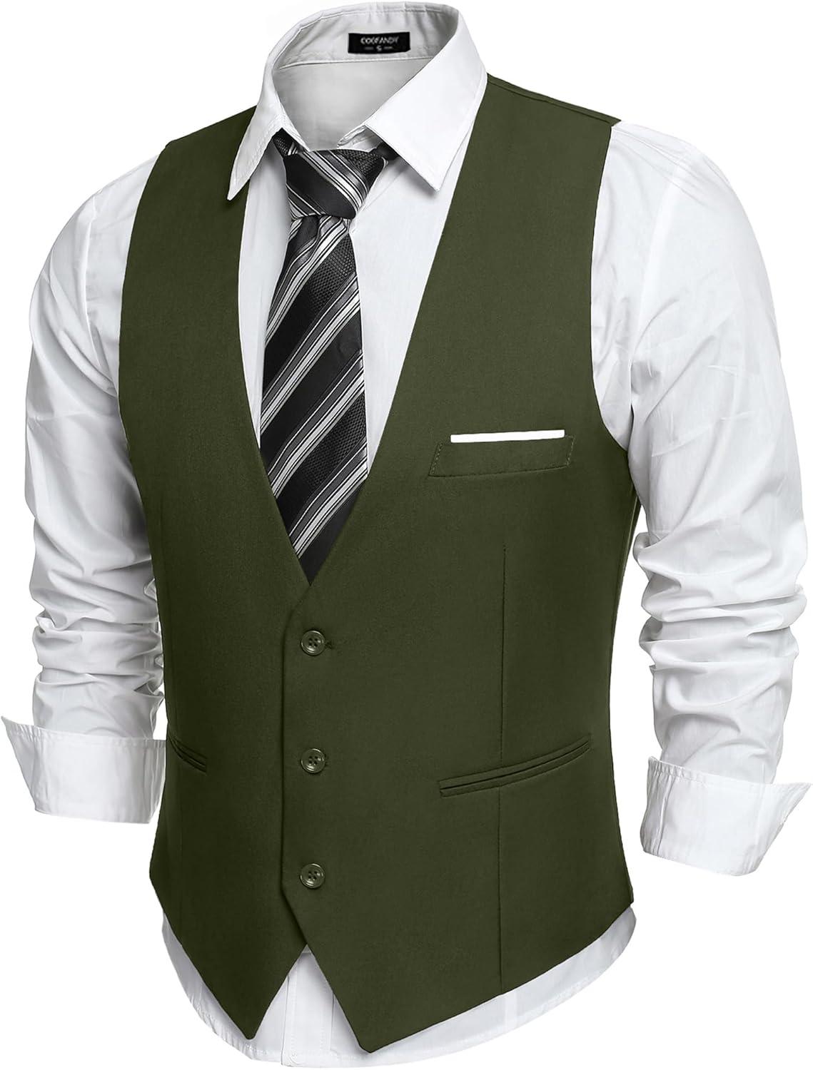 imageCOOFANDY Mens Suit Vest Slim Fit Formal Dress Waistcoat Casual Business Vests for Suit or TuxedoArmy Green