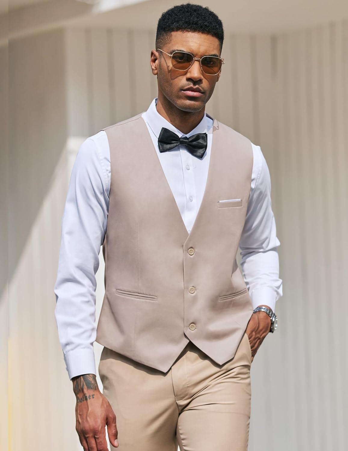 imageCOOFANDY Mens Suit Vest Slim Fit Formal Dress Waistcoat Casual Business Vests for Suit or TuxedoBeige