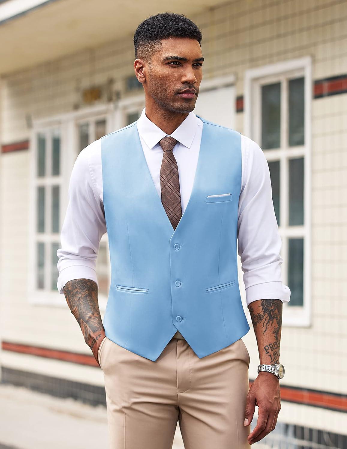 imageCOOFANDY Mens Suit Vest Slim Fit Formal Dress Waistcoat Casual Business Vests for Suit or TuxedoClear Blue