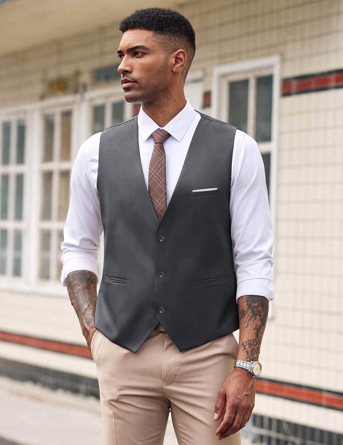 imageCOOFANDY Mens Suit Vest Slim Fit Formal Dress Waistcoat Casual Business Vests for Suit or TuxedoDark Gray