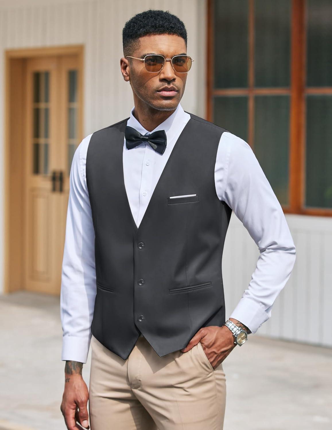 imageCOOFANDY Mens Suit Vest Slim Fit Formal Dress Waistcoat Casual Business Vests for Suit or TuxedoDark Gray
