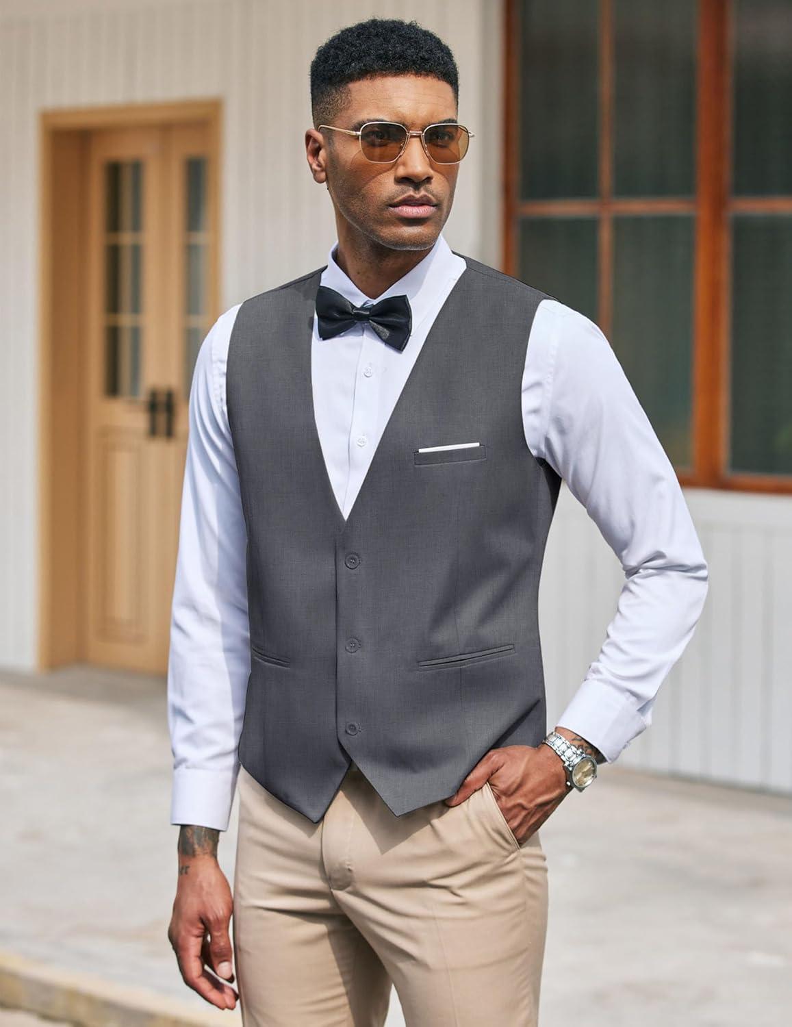 imageCOOFANDY Mens Suit Vest Slim Fit Formal Dress Waistcoat Casual Business Vests for Suit or TuxedoDark Heather Gray