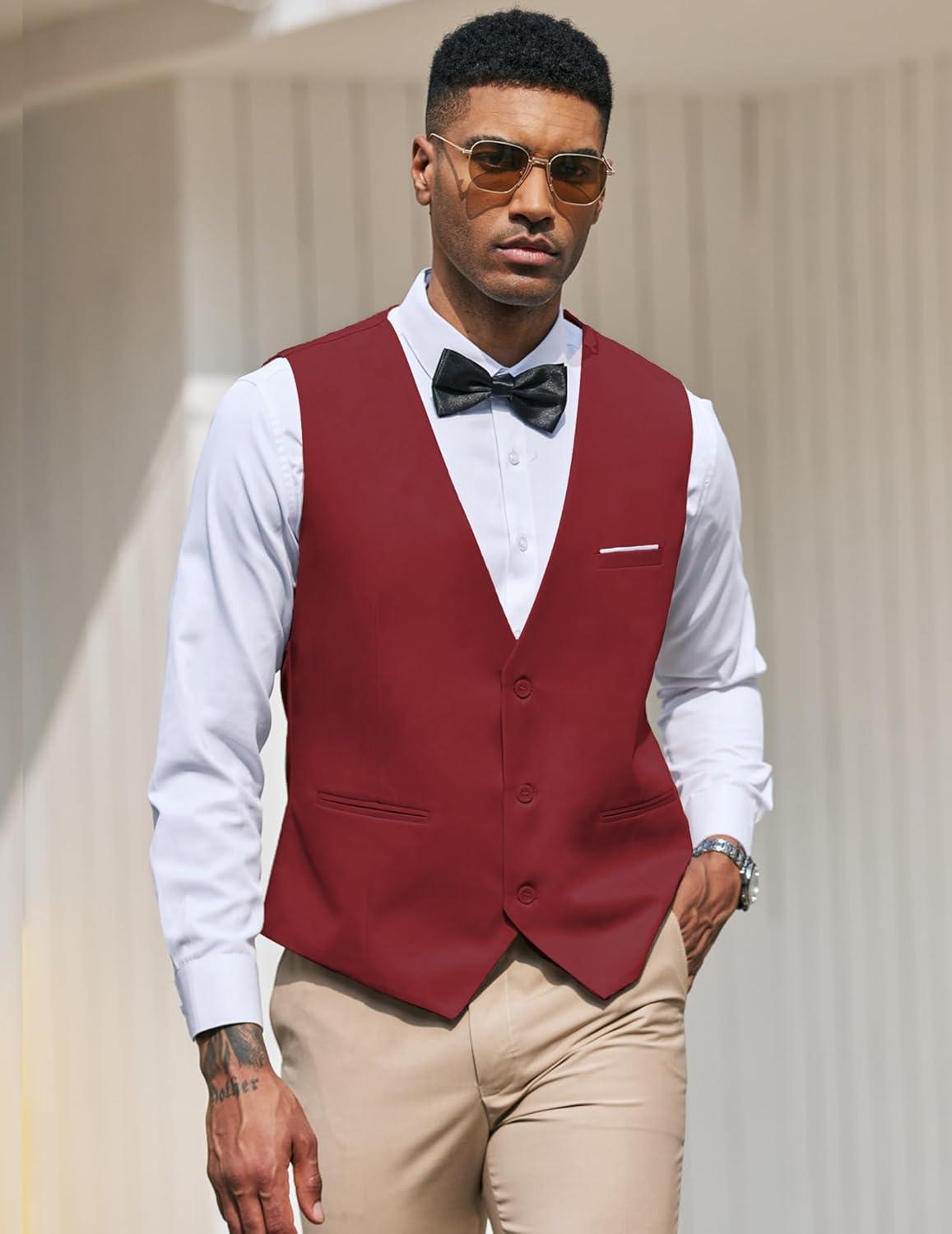 imageCOOFANDY Mens Suit Vest Slim Fit Formal Dress Waistcoat Casual Business Vests for Suit or TuxedoDark Red