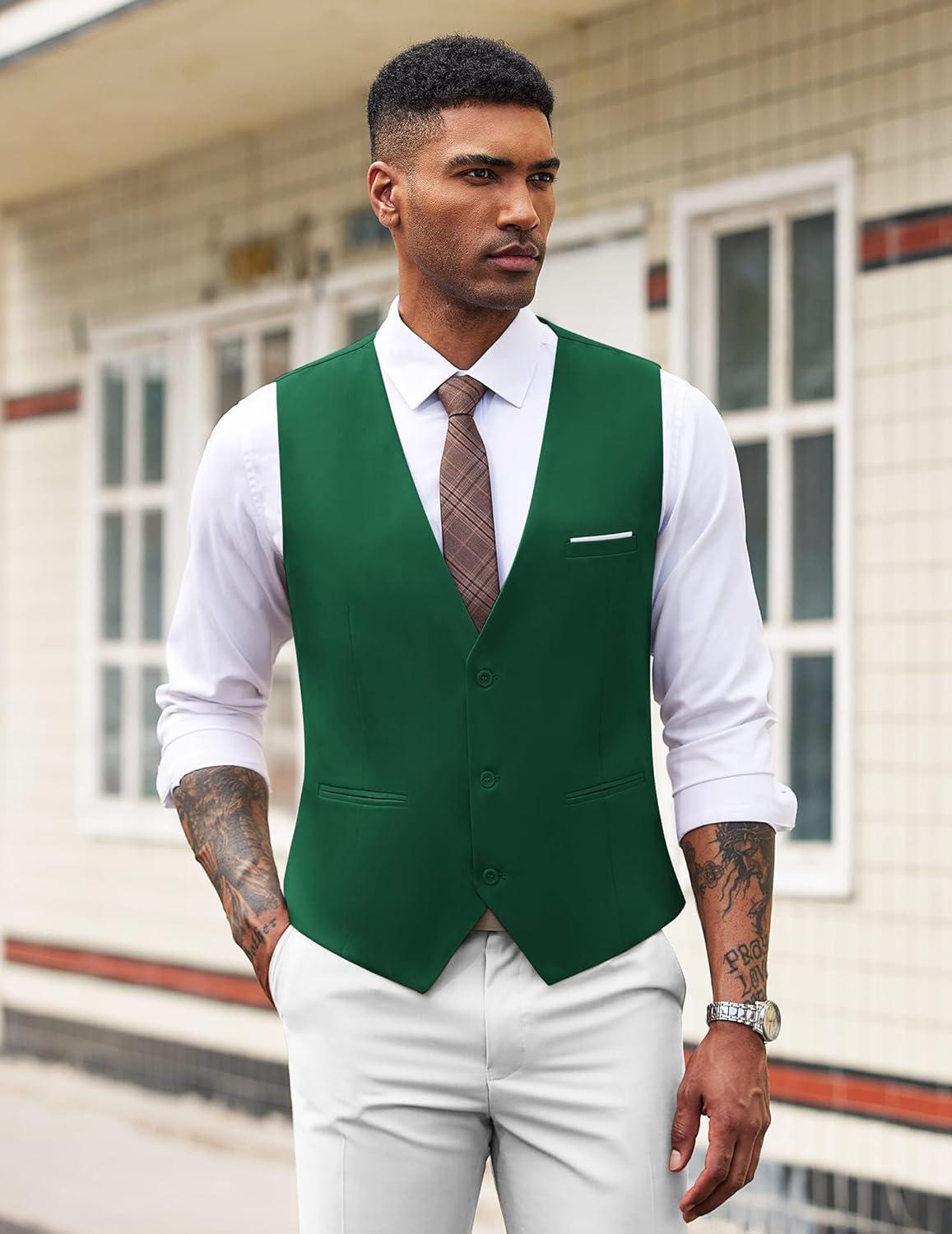 imageCOOFANDY Mens Suit Vest Slim Fit Formal Dress Waistcoat Casual Business Vests for Suit or TuxedoGreen